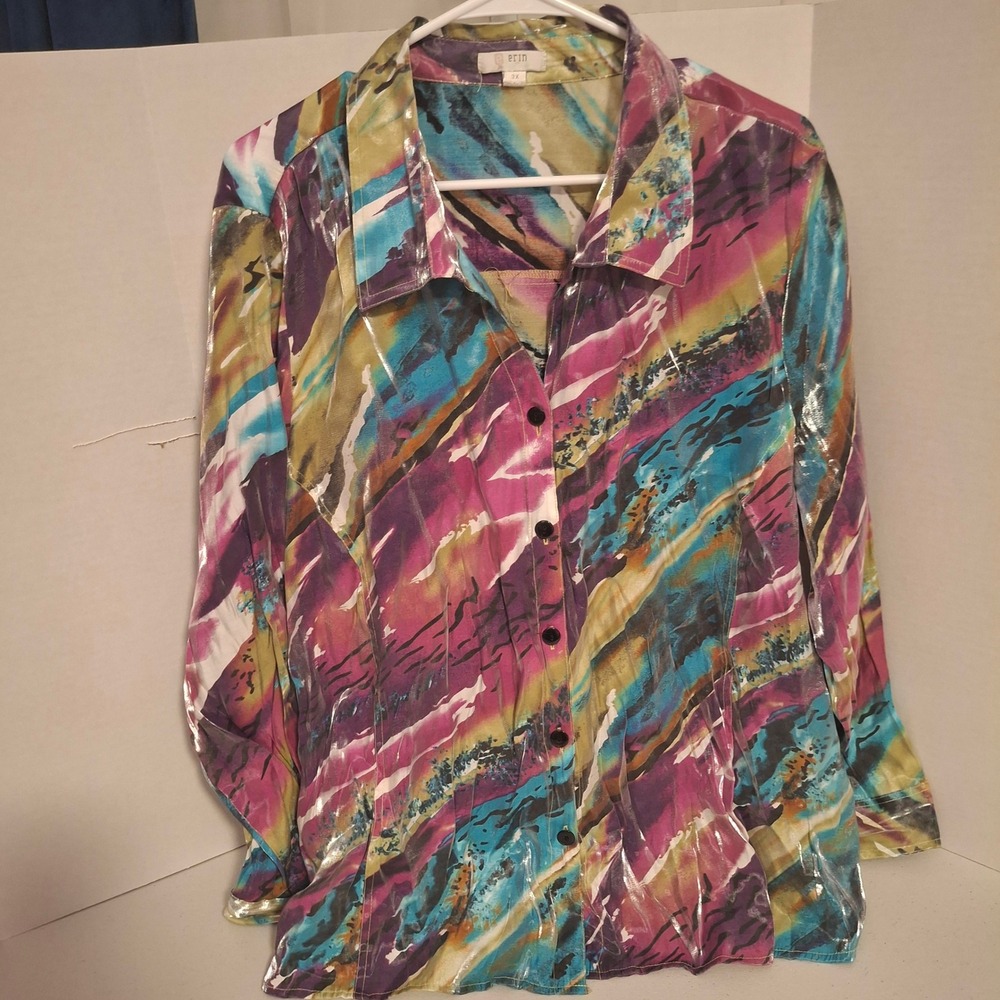 ERIN Women's 3X Abstract‎ Print Button Down Shirt Long Sleeve